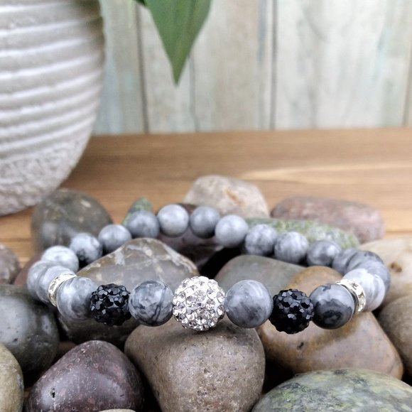 Jewelry - Gray Amazonite and Rhinestone Ball beaded Stretch Bracelet